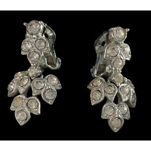 MCM Vintage Rhinestone Crystal Earrings Dangle Clip On Silver Tone Estate